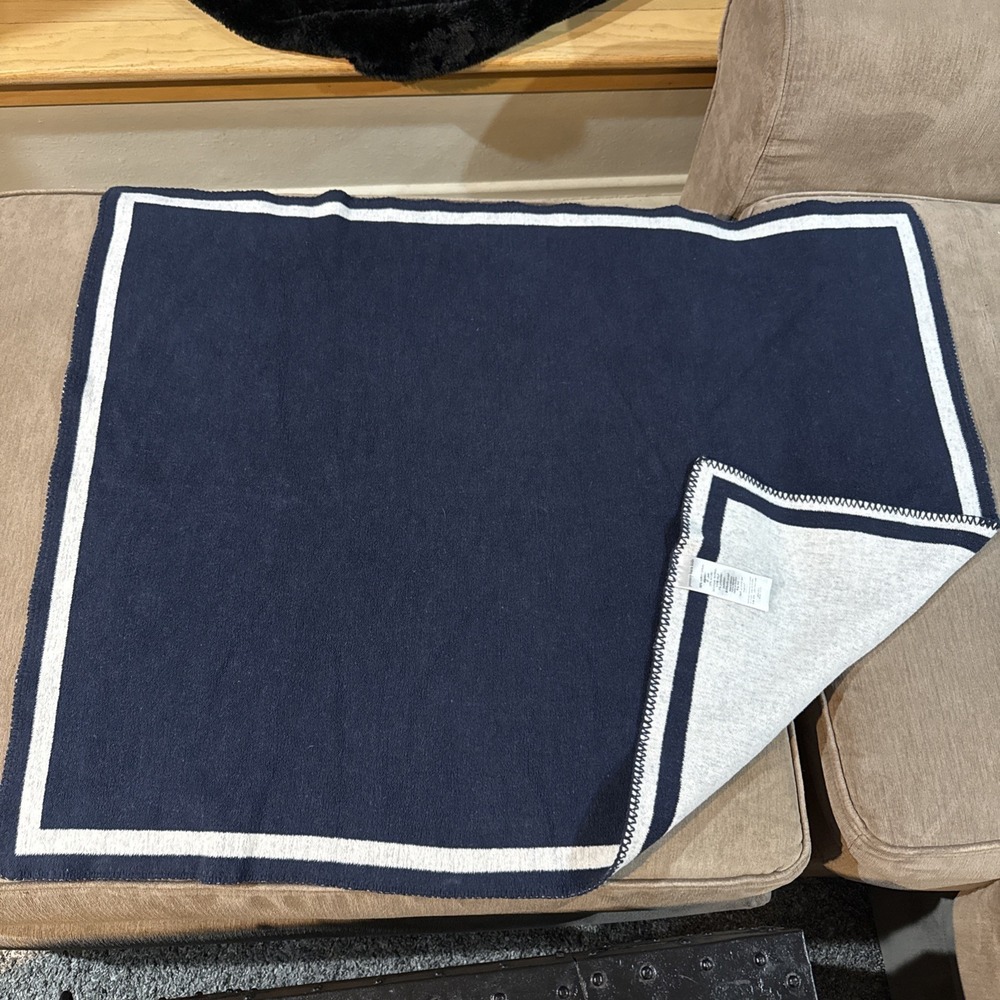 Pottery Barn Kids Luxe Baby Blanket 37x29" Navy And Gray Border Stripe Fleece